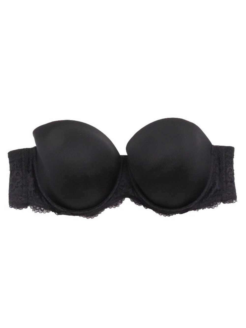 Womens 44D Solid Black Floral Flower Lace Accent Underwire Padded Strapless Bra